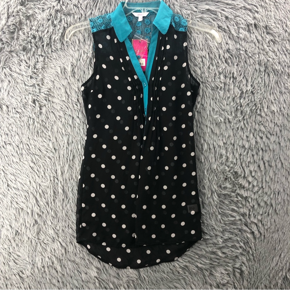 Candies Top Womens XS NWT Sleeveless Polka Dot See Through Crochet Back Black